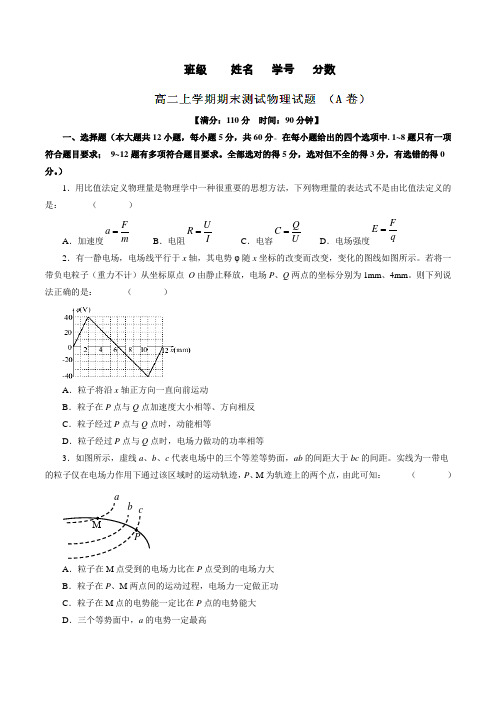 第03章 期末测试(A卷)-2016-2017学年高二物理同步单元双基双测“AB”卷(选修3-1)(原卷版)