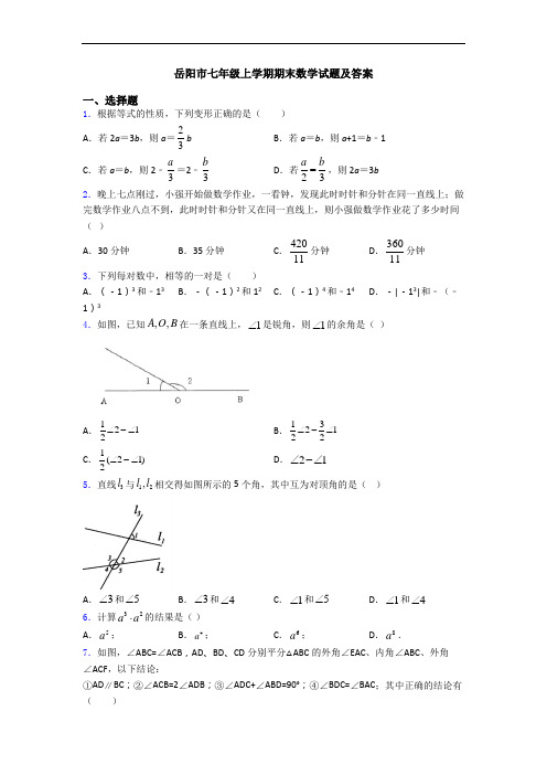 岳阳市七年级上学期期末数学试题及答案