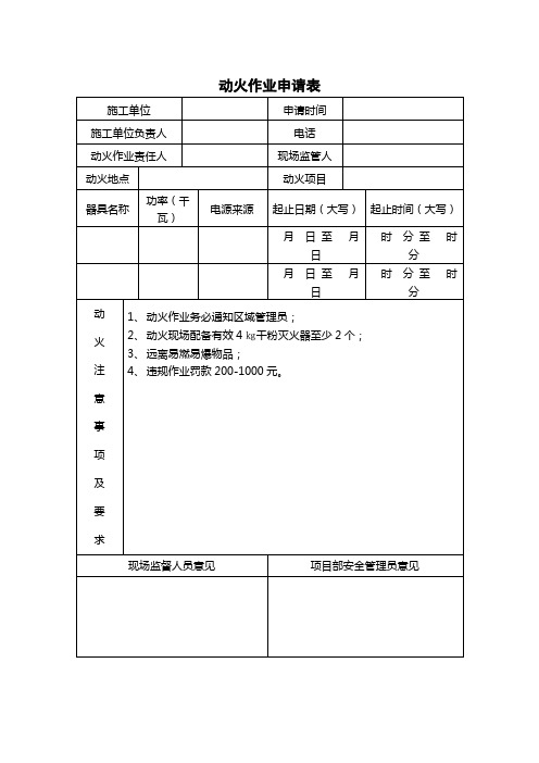 动火作业申请表