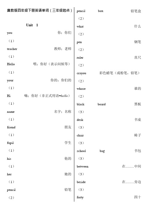 冀教版四年级下册英语单词(可编辑修改word版)