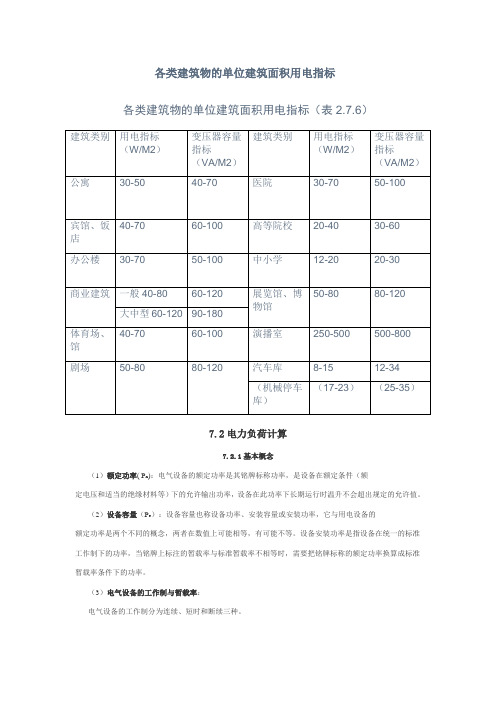 各类建筑物的单位建筑面积用电指标