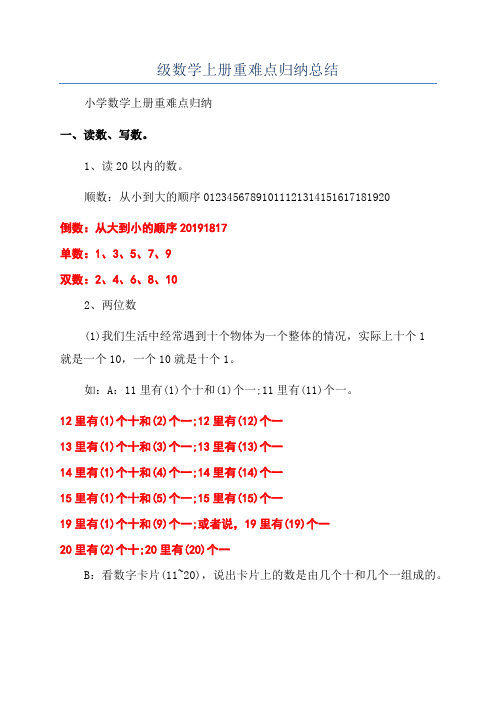 小学一年级数学上册重难点归纳总结