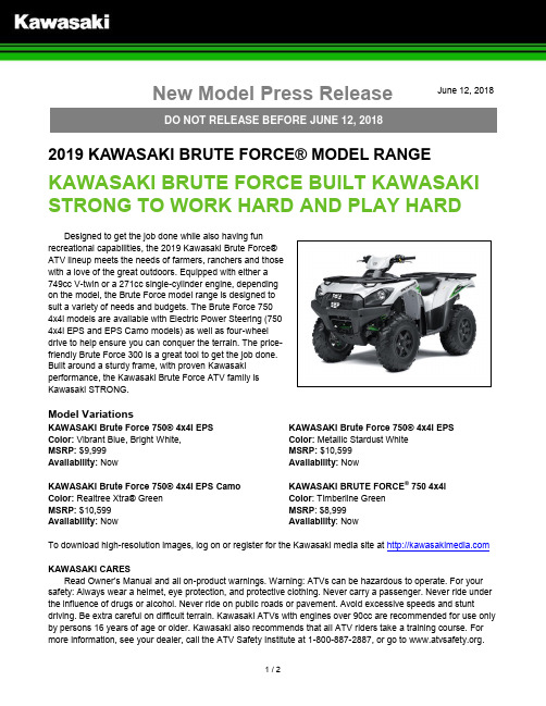 2019 KAWASAKI BRUTE FORCE 模型系列说明书