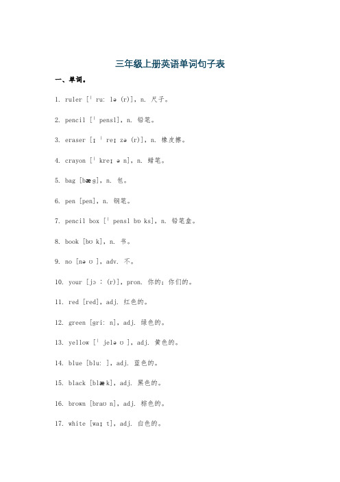 三年级上册英语单词句子表