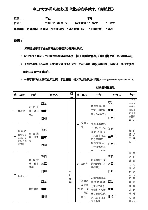 研究生办理毕业离校手续表(南校区)