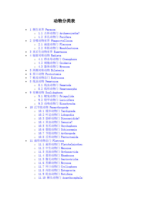 动物分类表