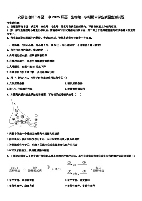 安徽省池州市东至二中2025届高二生物第一学期期末学业质量监测试题含解析