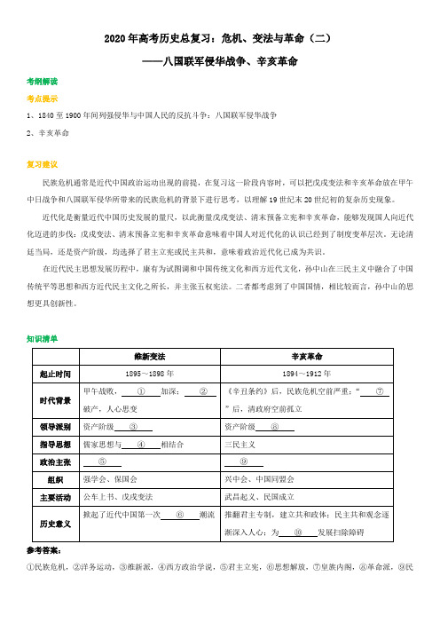 最新2020年高考历史考点解析版：危机、变法与革命(二)八国联军侵华战争、辛亥革命