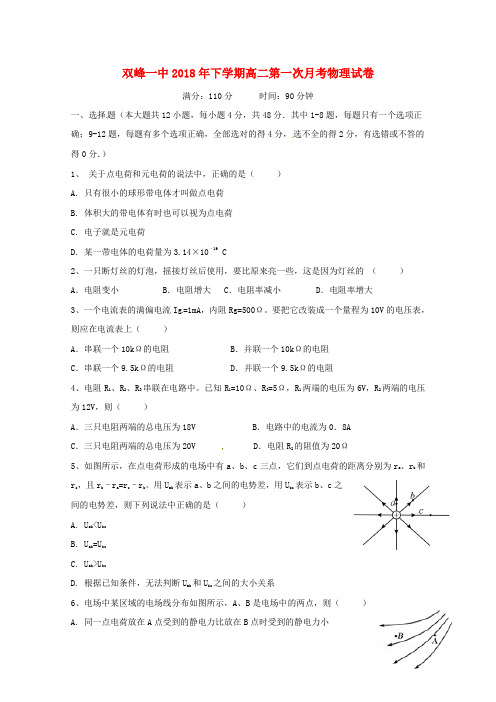 湖南省双峰县第一中学2018_2019学年高二物理上学期第一次月考试题