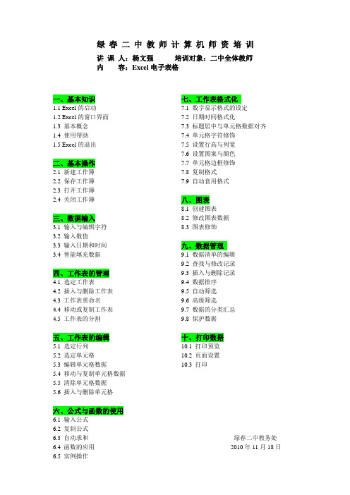 Excel表格制作主要讲授内容