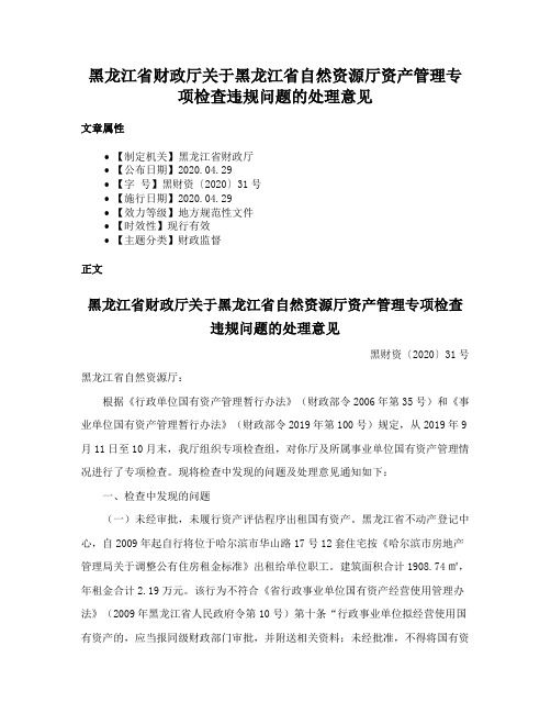 黑龙江省财政厅关于黑龙江省自然资源厅资产管理专项检查违规问题的处理意见