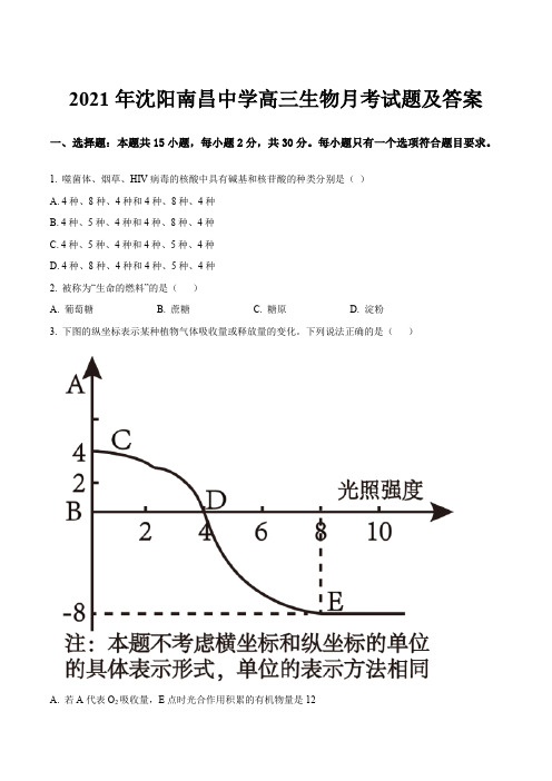 2021年沈阳南昌中学高三生物月考试题及答案