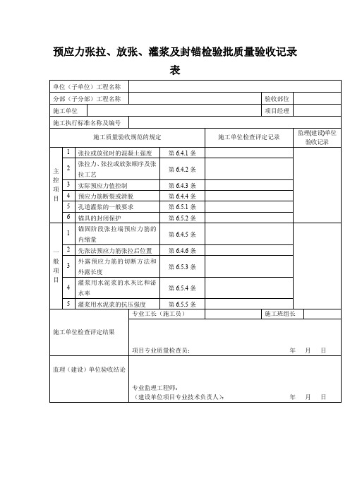 预应力张拉、放张、灌浆及封锚检验批质量验收记录表