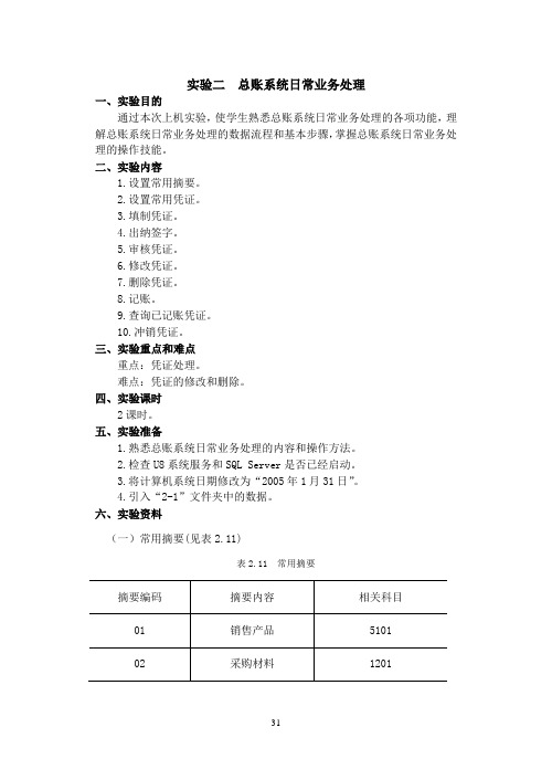 实验二  总账系统日常业务处理