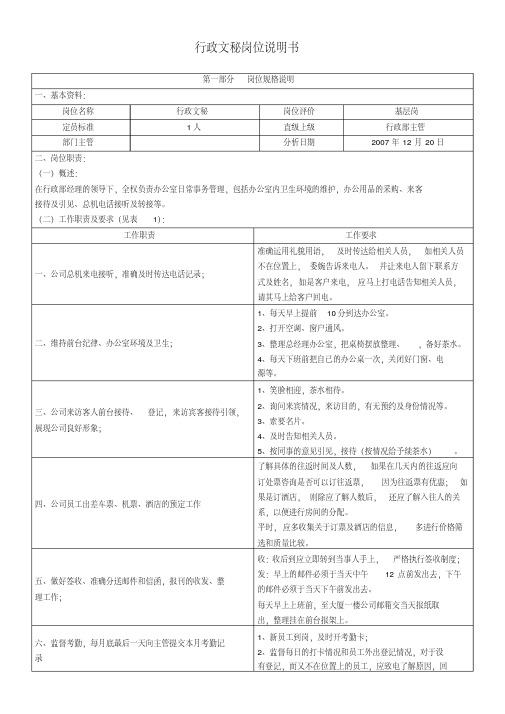 行政文秘岗位工作说明书