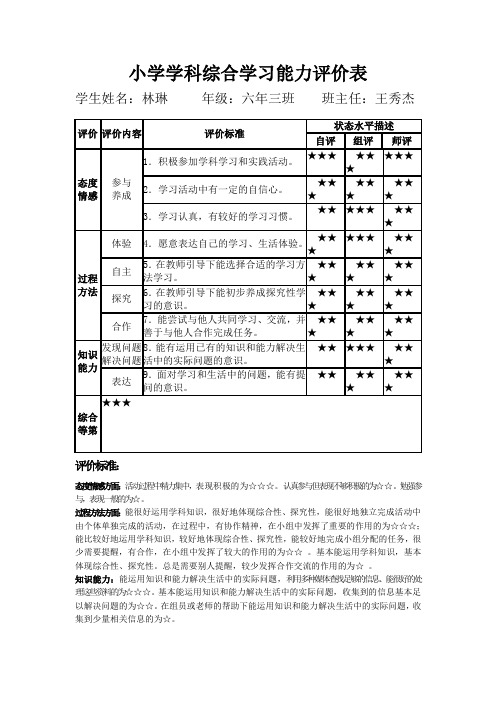 小学学科综合评价表