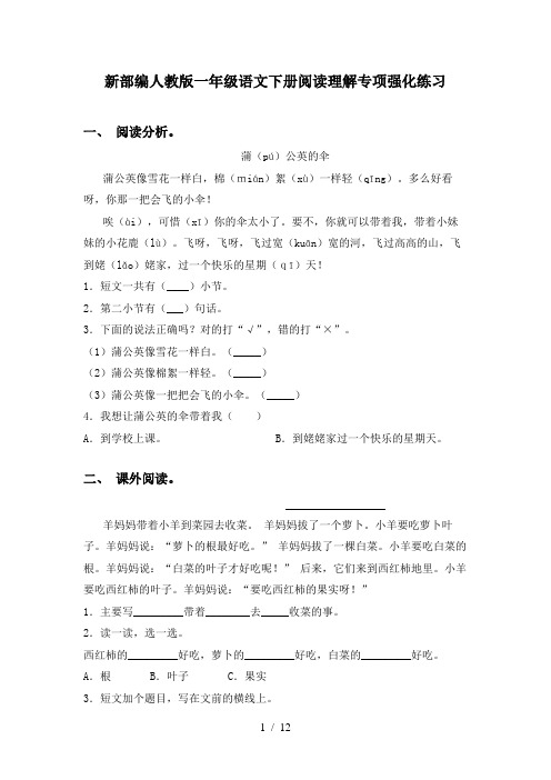 新部编人教版一年级语文下册阅读理解专项强化练习