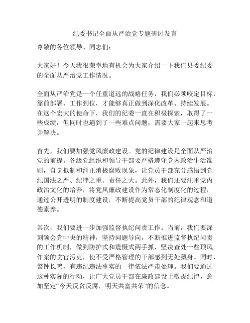 纪委书记全面从严治党专题研讨发言