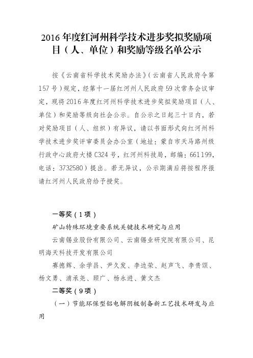 2016红河州科学技术进步奖拟奖励项
