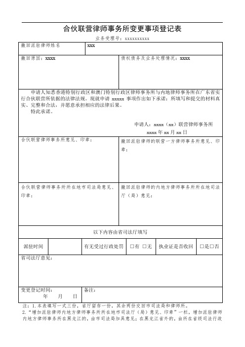 香港、澳门律师事务所与内地律师事务所联营合伙联营律师事务所变更事项登记表