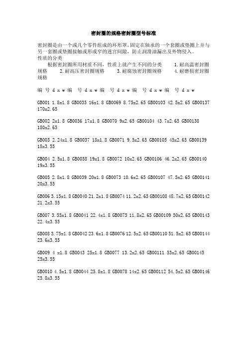 密封圈的规格密封圈型号标准