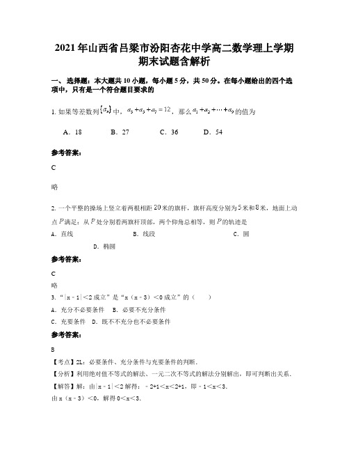 2021年山西省吕梁市汾阳杏花中学高二数学理上学期期末试题含解析