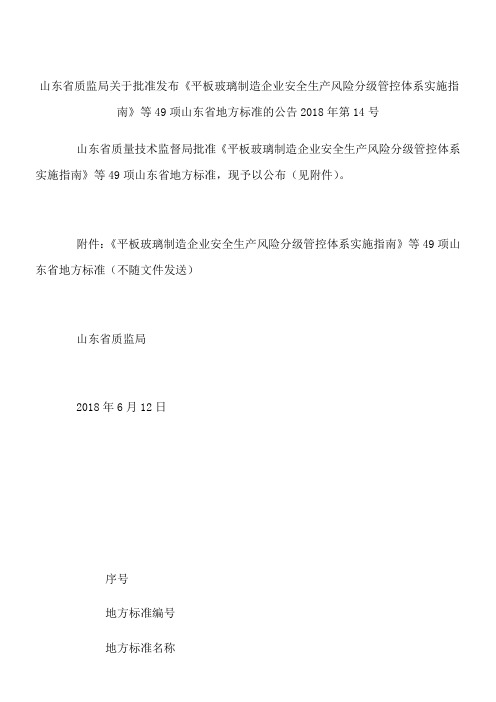 山东省质监局关于批准发布《平板玻璃制造企业安全生产风险分级管控体系实施指南》等49项山东省地方标准的公