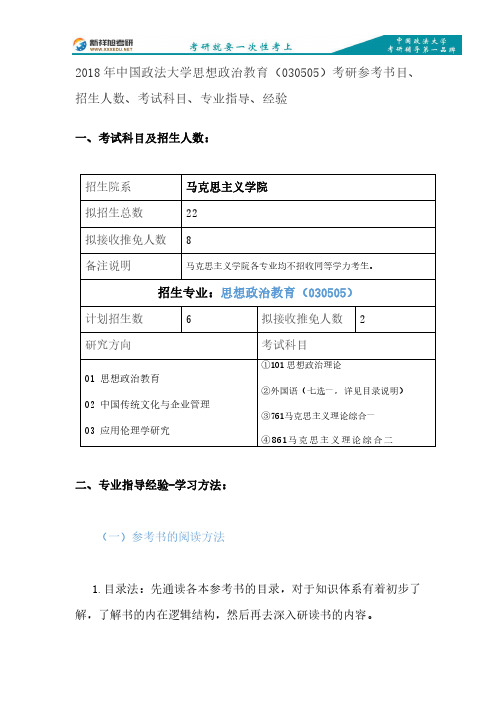 2018年中国政法大学思想政治教育(030505)考研参考书目、招生人数、考试科目、专业指导、经验