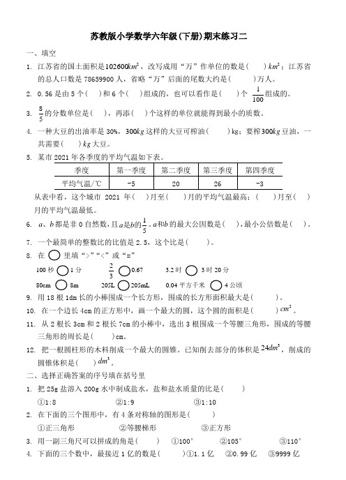 新苏教版-苏教版六下数学期末练习题二