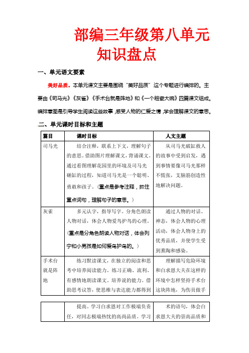 第八单元知识盘点(含字词、佳句、感知、考点)三年级语文上册(部编版,有答案)