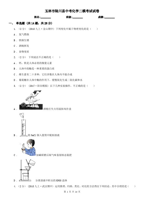 玉林市陆川县中考化学二模考试试卷