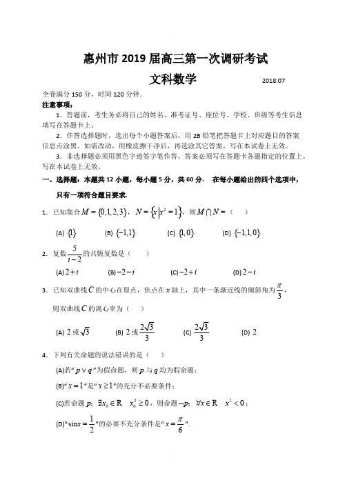 2019届惠州一调数学(文科)试题(终版)含答案