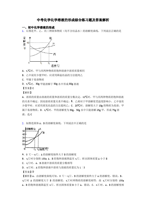 中考化学化学溶液的形成综合练习题及答案解析