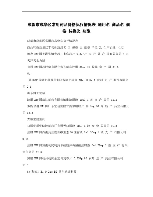 成都市成华区常用药品价格执行情况表 通用名 商品名 规格 转换比 剂型 