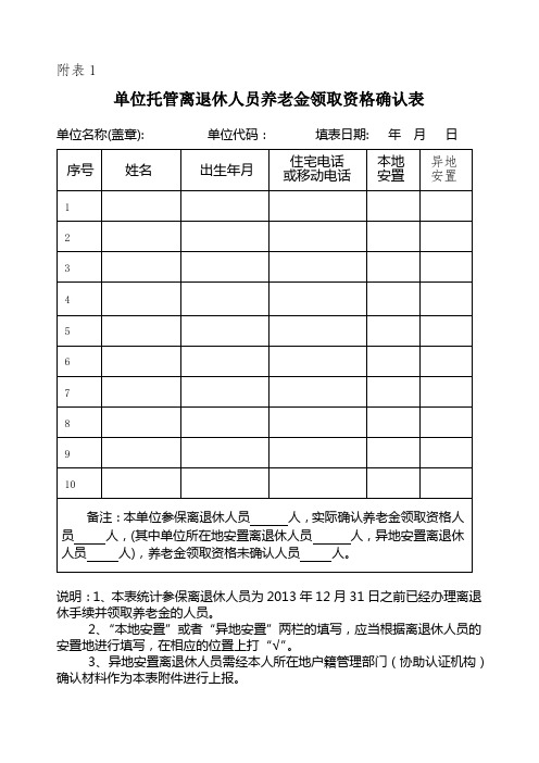 单位托管离退休人员养老金领取资格确认表