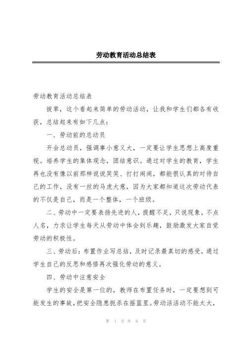 劳动教育活动总结表