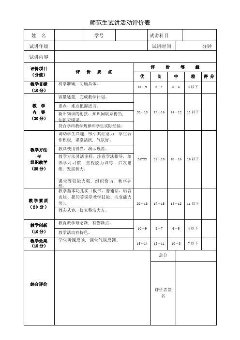 师范生试讲活动评价表