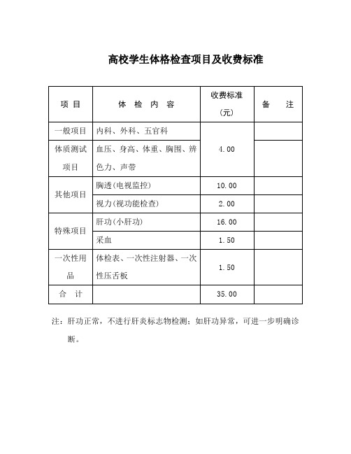 高校学生体格检查项目及收费标准