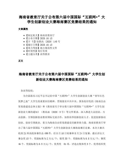 海南省教育厅关于公布第六届中国国际“互联网+”大学生创新创业大赛海南赛区竞赛结果的通知