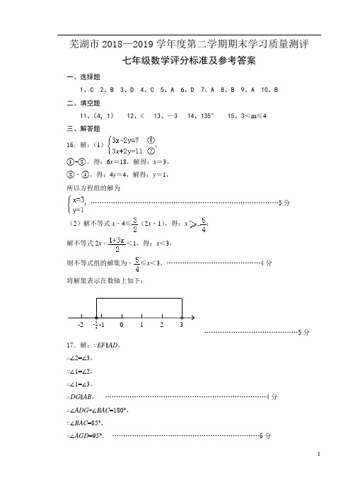 [期末]安徽省芜湖市2018-2019学年七年级下学期期末考试数学答案