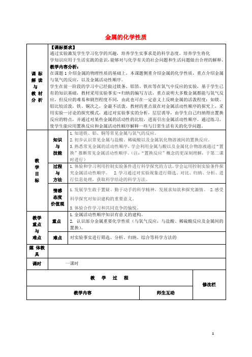 九年级化学下册8.2金属的化学性质教案新人教版