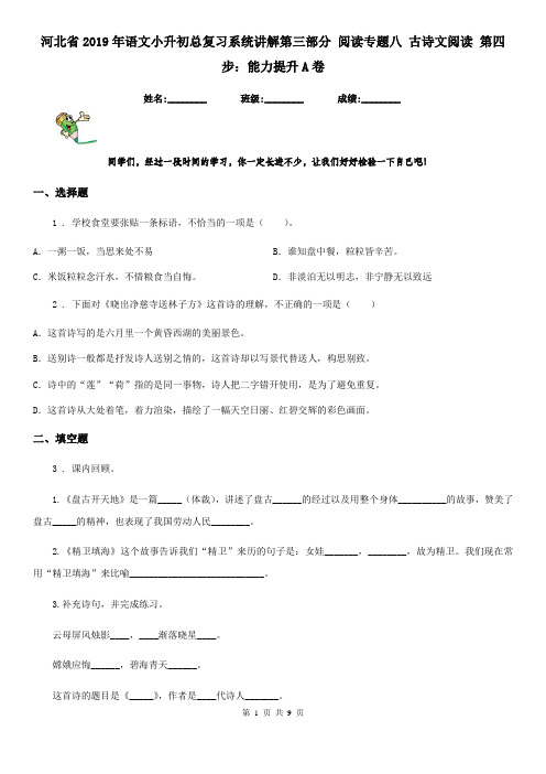 河北省2019年语文小升初总复习系统讲解第三部分 阅读专题八 古诗文阅读 第四步：能力提升A卷