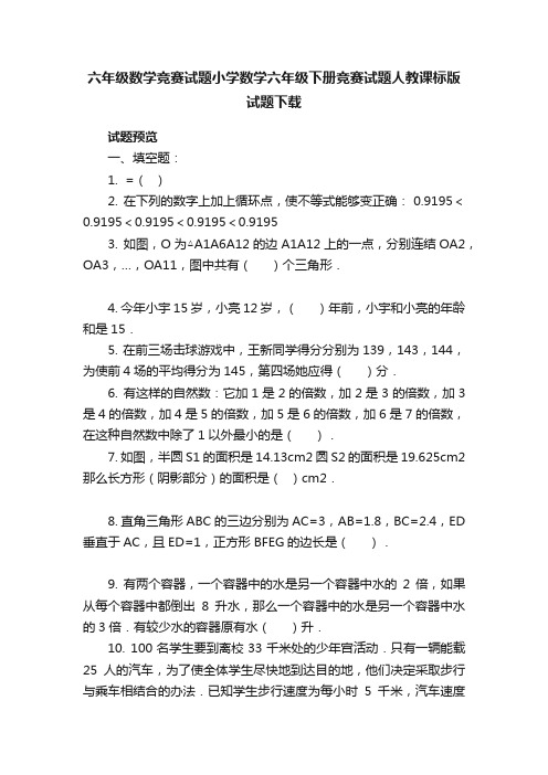 六年级数学竞赛试题小学数学六年级下册竞赛试题人教课标版试题下载