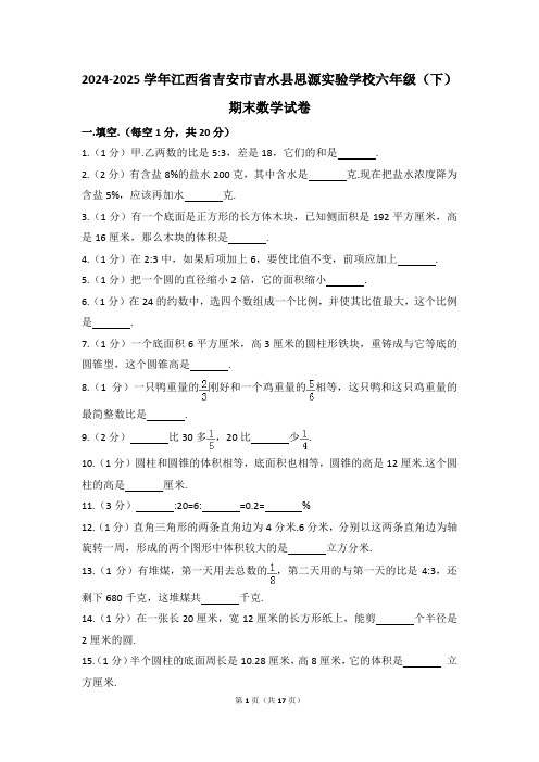 江西省吉安市吉水县思源实验学校六年级(下)期末数学试卷(解析版)