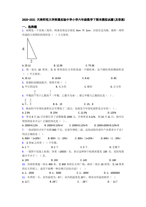 2020-2021天津师范大学附属实验中学小学六年级数学下期末模拟试题(及答案)