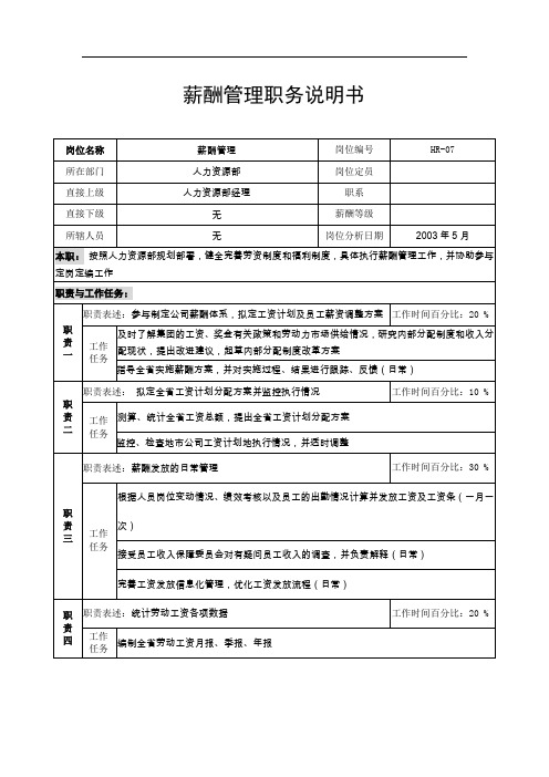 通信行业-人力资源部-薪酬管理岗位说明书.doc