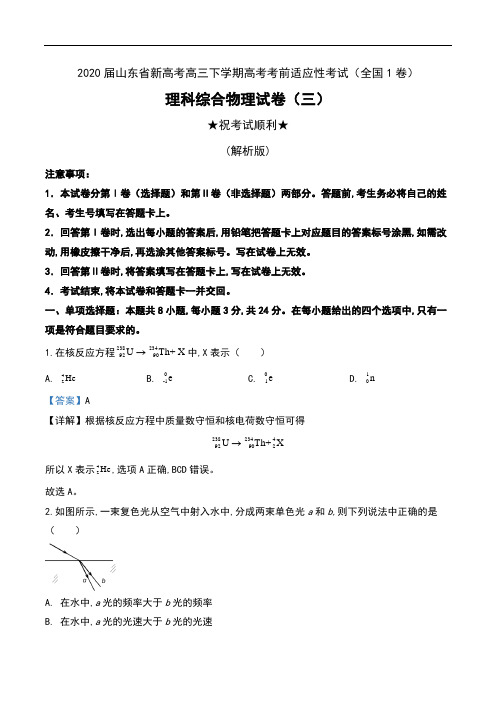 2020届山东省新高考高三下学期高考考前适应性考试(全国1卷)理科综合物理试卷(三)及解析