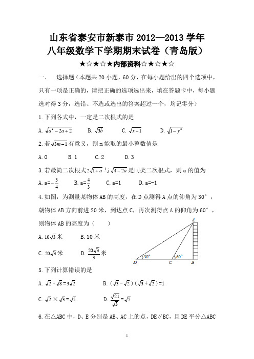 山东省泰安市新泰2012-2013学年八年级数学下学期期末试卷(青岛版)