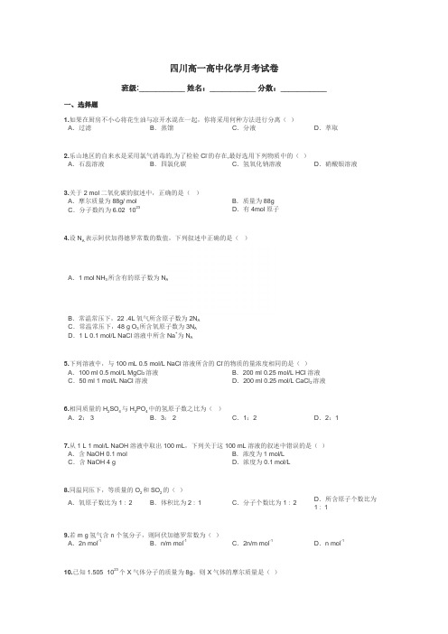 四川高一高中化学月考试卷带答案解析
