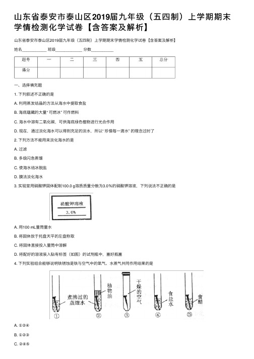 山东省泰安市泰山区2019届九年级（五四制）上学期期末学情检测化学试卷【含答案及解析】